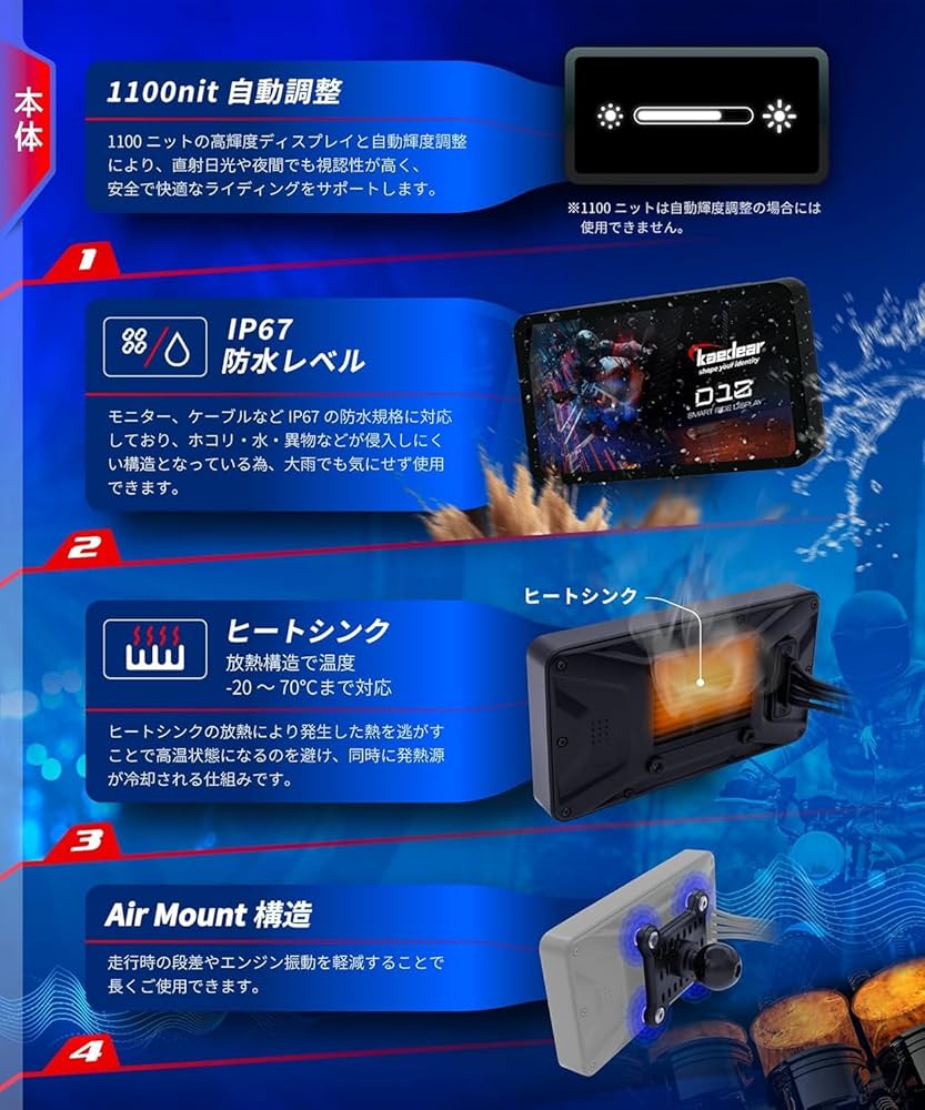 カエディア バイク用スマートモニターKDR-D12　空気圧センサー付きバイクナビ Kaedear バイク スマートモニター バイク用 モニター DFS カー